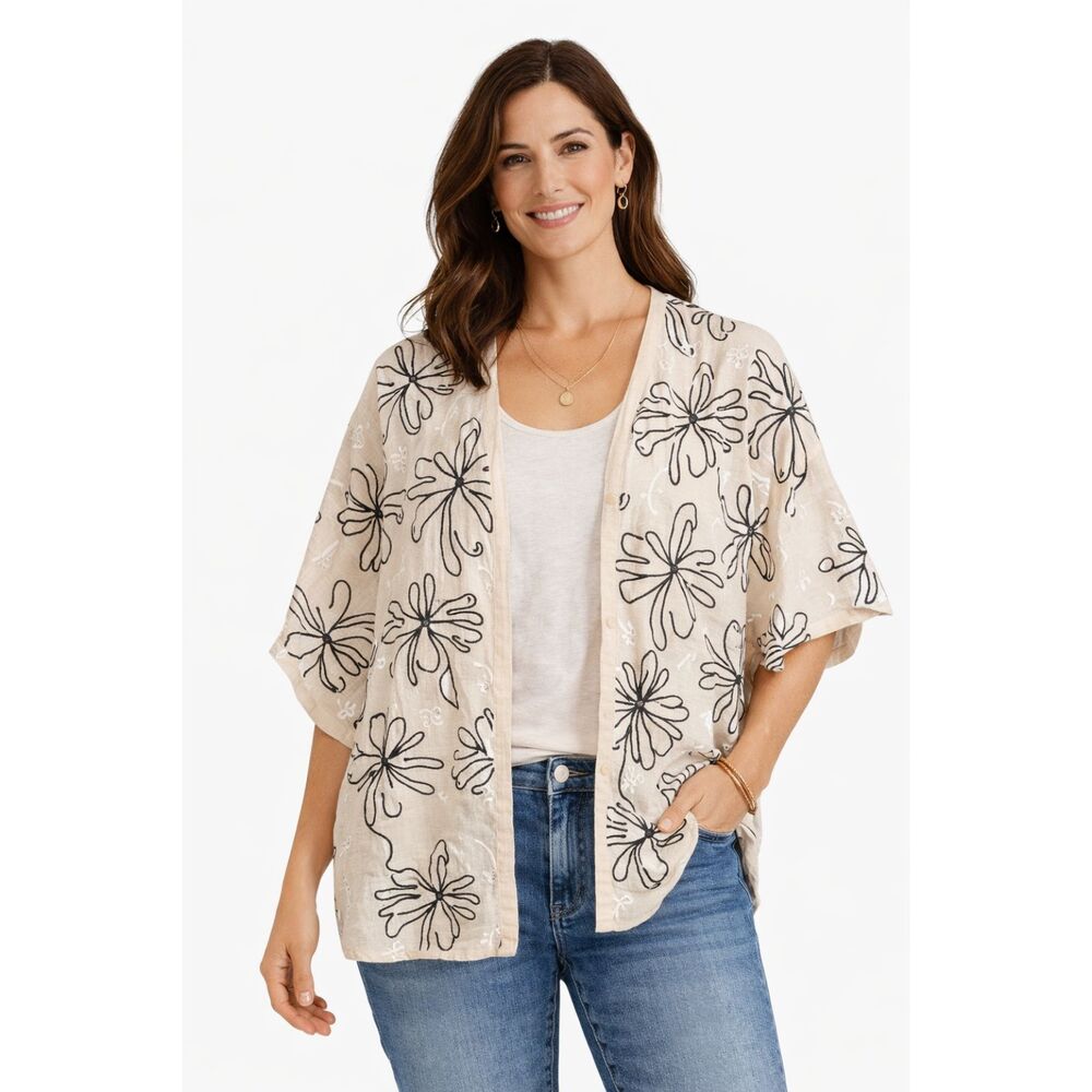 100% linen Valentina Noli Made in Italy Embroidered Open Front Topper Cardigan